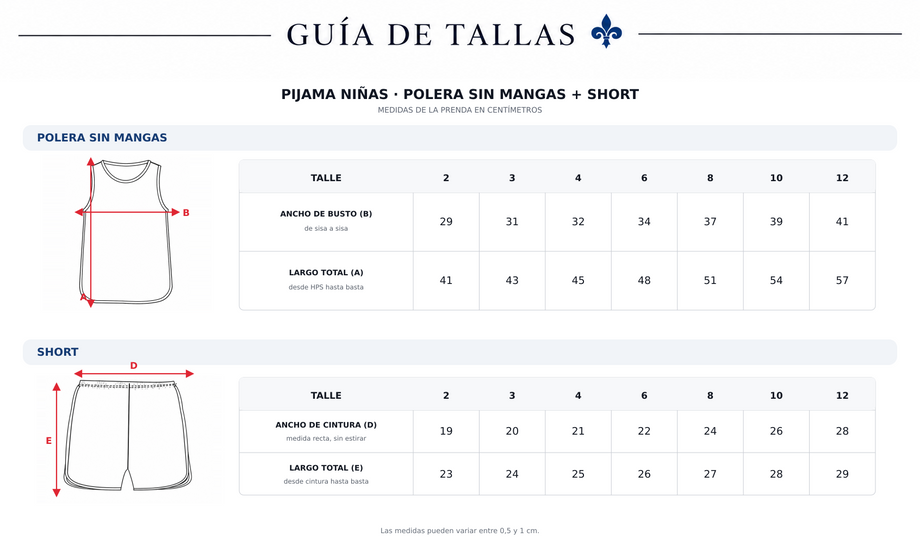 Guía de tallas Pj. Cami Bailarinas