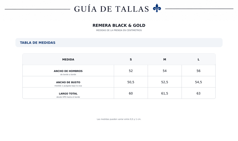 Guía de tallas Polera Black & Gold