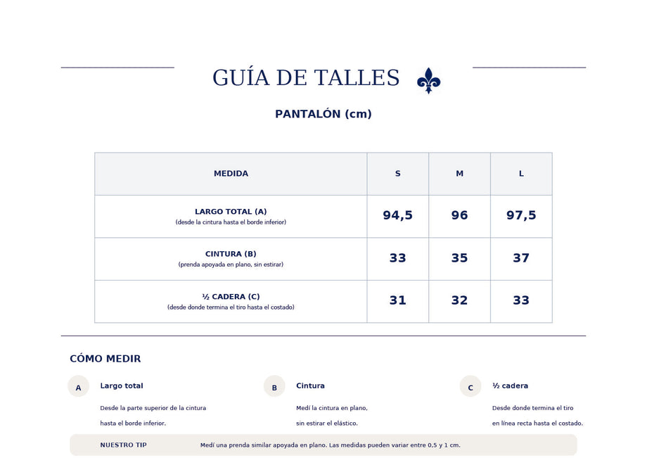 Guía de tallas Pantalon comfort pima azul