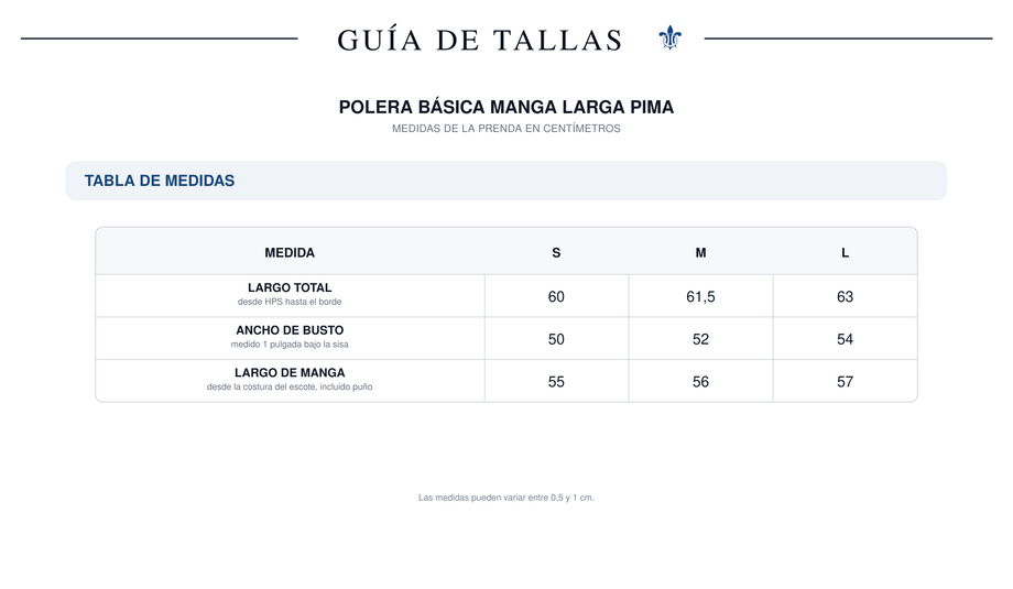 Guía de tallas Polera Basica Pima Larga