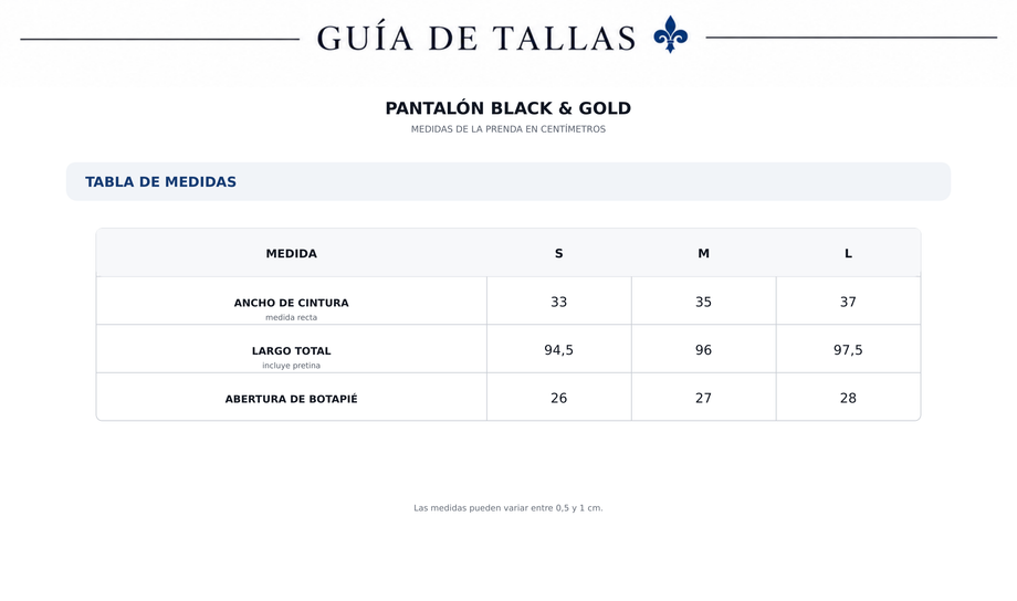 Guía de tallas Pantalon Black & Gold